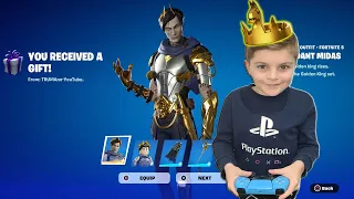 Gifting My 10 Year Old Kid NEW Fortnite GOLDEN KING Skin Bundle Unlocking Ascendant Midas Skin