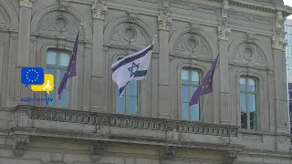 The EU stands in solidarity with Israel!!! Israel flag flown in front of the EP buildings in Brussel