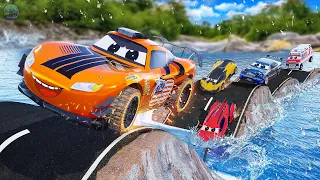 Cars Race on Floating Water Wave Road: Epic Crashes & Fire Truck Rescue |Car Racing Video| Hero Cars