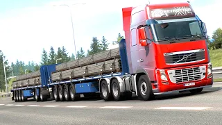 ETS 2 - Volvo FH 16 + HTC Flatbed Trailers Transporting 51 Tons of Metal Beams