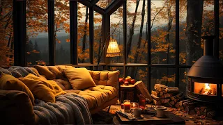 Relaxing Autumn Jazz | Cozy Hut Ambience with Rain & Fireplace Fire | Ambience for Sleep, Relax,ASMR