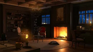 Library Ambience | Rain Sounds & Thunderstorm Sounds | Crackling Fireplace for Sleeping for Study