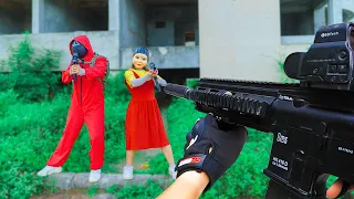 Nerf Guns Parkour : Doll Vs Huggy Nerf War Battle Squid Game