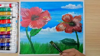 Hibiscus Painting Tutorial | Acrylic Painting of Red Hibiscus Flowers