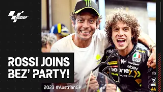 The VR46 squad celebrates P3 with the big boss! 🍾 | 2023 #AustrianGP UNSEEN