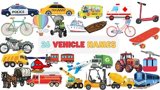 Types of Vehicles in English - Vehicles Vocabulary Word - 26 List of Vehicle Names