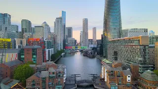 LONDON 4K UHD OF CANARY WHARF BUSINESS FINANCIAL CITY.  DOCKLAND, UK  AERIAL STOCK FOOTAGE