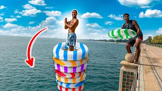 قفزنا على أطول برج دونات في البحر !! 🤯🍩 | DOUNUTS CHALLENGE