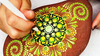 Time Lapse Oval Red Rock Mandala Painting in Green and Yellow dots for Beginners