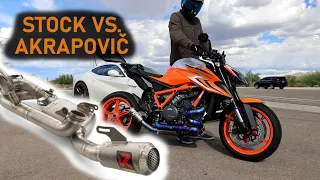 Super Duke Akrapovic exhaust vs stock (start up, idle, revs, burnout)
