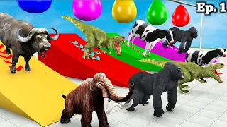 Cow Gorilla Mammoth Elephant Tiger Dinosaur Impossible Ramp Parkour Challenge With Wild Animals.