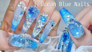 Nail ASMR | Ocean Blue Nails 🧊 How to Create Glass Cup Art! Nail Extensions