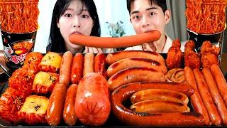 ASMR MUKBANG| Sausage party (Kielbasa, Long, Big Ham) with Chan Sori! Fire Noodles, Fried Chicken.