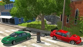 Amazing Chained Cars Crashes (Chain Vs Caravan, Bollard and Gas Bottle) Compilation #4 BeamNG.drive