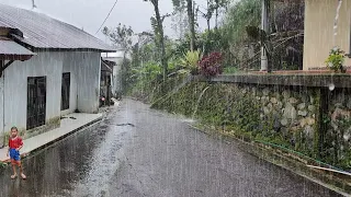 Super heavy rain flooded the road, walking in the heavy rain, rain in a beautiful village for sleep