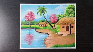 Beautiful Village landscape Scenery Painting| Indian Village scenery painting with acrylic