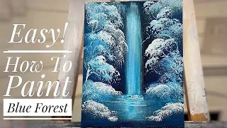 4 EASY STEPS to a pretty waterfall landscape painting! Real time acrylic tutorial