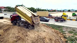 Amazing  Complete Project !!  Shantui Bulldozer & Big dump Truck Fill Dirt into Water Land Area