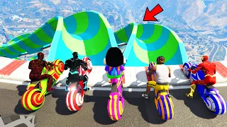 Franklin And Avengers Bike Water Slide Ramp Jump Challenge With All Flash in GTA 5