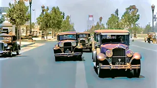 [4k,60fps] -1935- Beverly Hills, California Street Scene with No Traffic Lines in Color&Added Sound