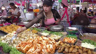 Thai Street Food in Bangkok. Central World Square. Lobsters, Seafood, Meat Skewers and more