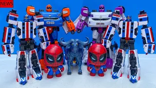 Spider superhero rescues transforming toys: tobot carbot car, train, gao buffalo - robot cartoon.