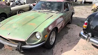 A pair of 1973 Datsun 240z in Avocado green w tan interior.