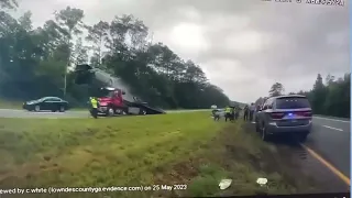 Car goes airborne after launching off tow truck ramp in Georgia