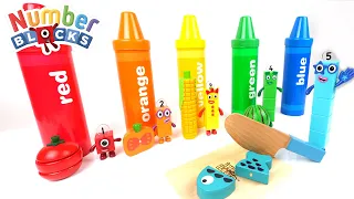 Numberblocks Toy Learning with Giant Color Crayons - Spanish Words, Food Names, and Mathlink Toys