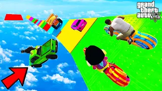 FRANKLIN TRIED IMPOSSIBLE COLOURFUL SKY ROAD PARKOUR RAMP CHALLENGE GTA 5 | SHINCHAN and CHOP