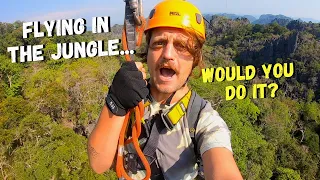 EXTREME Ziplining Experience in WILD Laos Mountains & Jungle | The Rock Viewpoint, Thakhek Loop