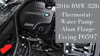 2012-2017 BMW F30 328i Thermostat, Water pump, & Flange Replacement. Fixing P0597