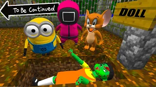 WHAT INSIDE GRAVE ZOMBIE DOLL SQUID GAME vs MINIONS TOM AND JERRY in MINECRAFT GREEN LIGHT Gameplay