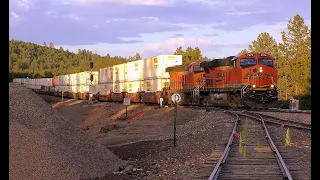 BNSF Evening Meetup of 2 loaded doublestack trains at grade Xing at Parks AZ