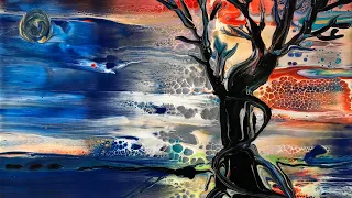RELAXING CALMING ~TREE OF LIFE~AMAZING LANDSCAPE REVEALED WITH AN ACRYLIC POUR AND SWIPE~EASYABSTRAC