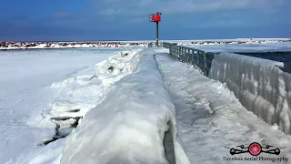 Stunning Views Of Frozen Riverwalk & Shoreline 4K Drone Footage Feb 2021