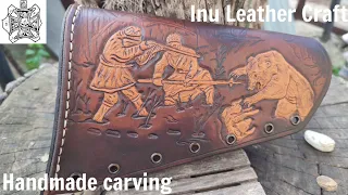 Hunting theme on Rifle Butt Stock Cover, Handmade carving, leather craft.