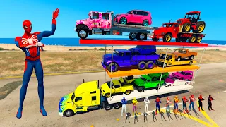 GTA 5 Spiderman MOD, Loading Cars, Jeep, Monster Truck Into Big Truck