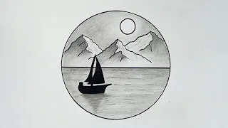 Easy Pencil Landscape Drawing in a Circle | Mountain and River Landscape Drawing || KF Palette