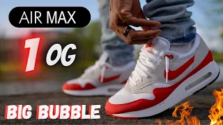 NIKE AIR MAX 1 OG 86 BIG BUBBLE WHITE RED DETAILED REVIEW & ON FEET W LACE SWAPS!!