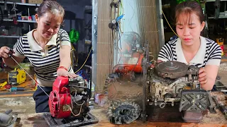 Repair and restore diesel engines. Old becomes new / blacksmith girl