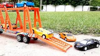 Professional truck driver, colorful plastic sports car transporter. |toys car