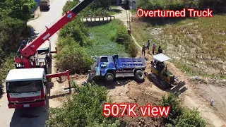 Dump Truck Drive Back Unloading Landslide Overturned , Bulldozer And Cranes Rescue Land truck