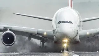 AIRBUS A380 LANDING ON A WET RUNWAY + BOEING 757 smokey CROSSWIND LANDING (4K)