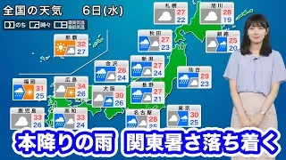 9月6日(水)の天気予報　広い範囲で本降りの雨　関東の厳しい暑さは落ち着く