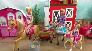 Barbie and Ken Have a Farm with Farm Animals and Barbie Sister and Baby Taking Care of Horses