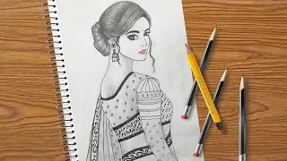 How to draw a girl with saree || traditional girl drawing