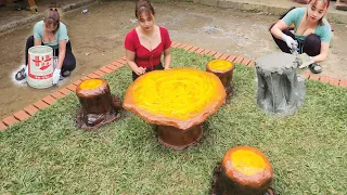 Build a set of tables and chairs from cement and steel to make a concrete tea table