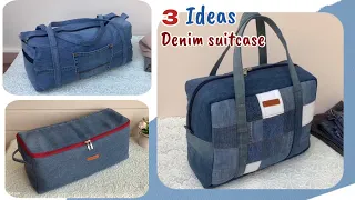 3 Ideas denim suitcase tutorial from old jeans ,denim travel bag tutorial ,denim sewing tutorial