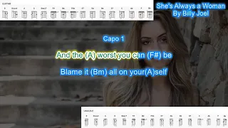 She's Always a Woman (capo 1) by Billy Joel play along with scrolling guitar chords and lyrics